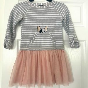 Girls Zunie crewneck & tulle dress with French bulldog appliqué. Size girls 6x